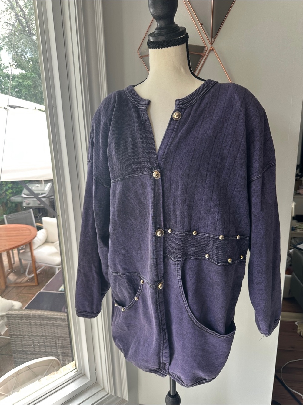 VINTAGE 80s 90s Oversized Dark Purple Bomber Knit Jacket Cardigan Studs SMALL